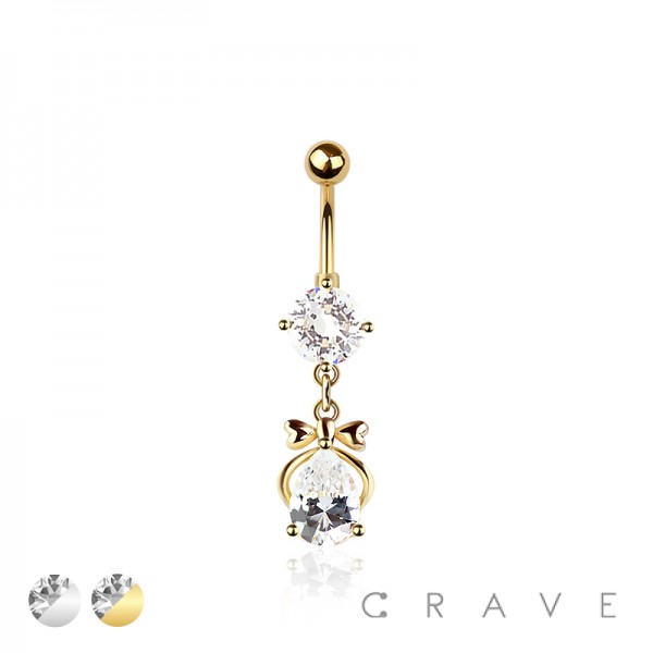 316L SURGICAL STEEL CZ RIBBON TEARDROP DANGLE ROUND CZ BELLY BUTTON NAVEL RING 